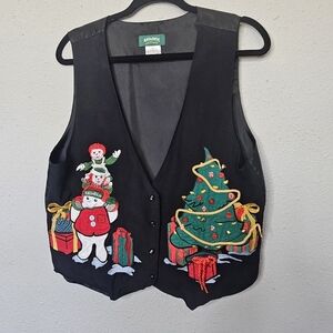 Snowden & Friends Raggedy Ann Andy Christmas Holiday Black Vest Large Fun Silk
